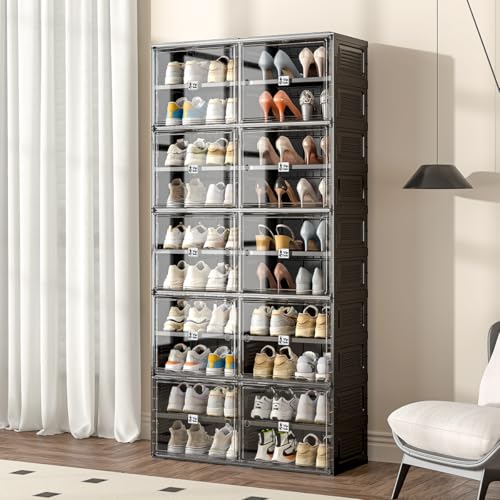 Image of Vipbox Shoe Rack Organizer Cabinet for Closet Entryway,Clear Shoe Storage Boxes Stackable Sneaker Storage with Door Easy Assembly Black Shoe Cabinet with Lids Large 10 Tiers 40 Pairs