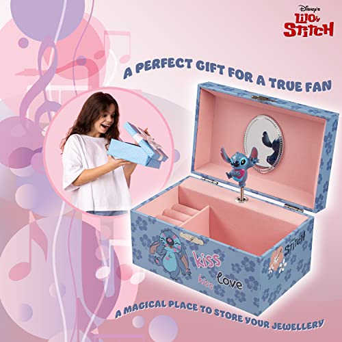 Disney Stitch Jewellery Box Musical Wind Up Spinning Figure Frozen Memory Box Keepsake Girls Teens Ring Slots Organiser Bedroom Decor, Gifts for Girls (Blue Stitch)