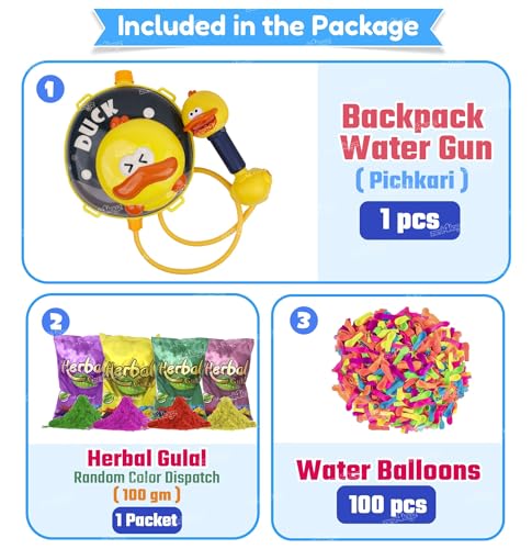 Image of Zest 4 Toyz Holi Water Pichkari for Kids Holi Duck Backpack Water Tank with 1 Pkt Herbal Gulal and 100 Water Balloons for Holi Party- Boys & Girls