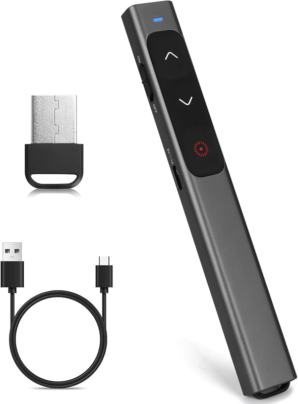 Puntero remoto láser rojo seguro LaserClass 2 (≤1mW) para Keynote, computadoras portátiles y presentaciones de Google: admite hipervínculos (lápiz gris/rojo/interfaz USB)
