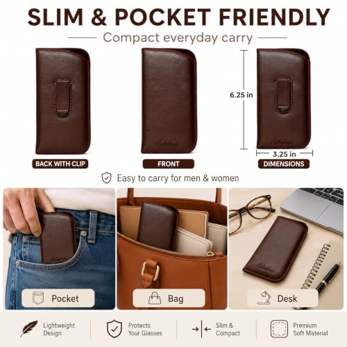 Image of Calabria Slim Eyeglass Case with Felt Lining -Brown (3 Pack) PU Leather | Soft Slip-In Glasses Sleeve | Pocket Clip Option | Protective Slim Eye Glasses Case Soft Pouch