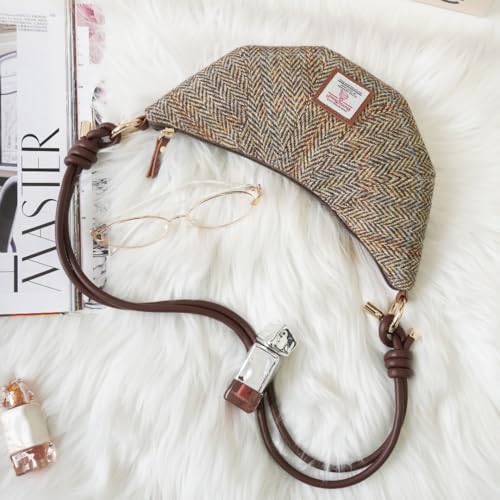 Harris Tweed Medium Crescent Bag,Adjustable Strap Crossbody Purse, Full Wool Tartan Hobo Shoulder Bag Vintage Scottish Style3