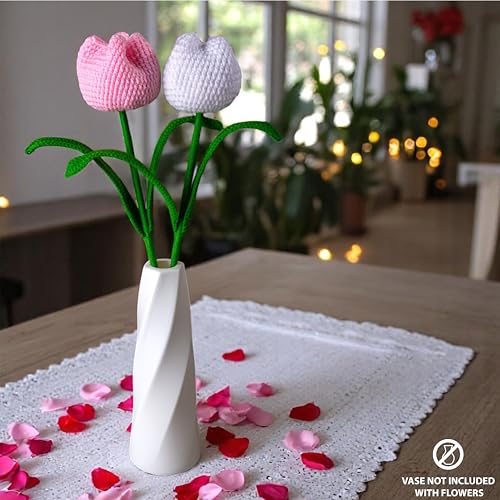 Image of Tulip Crochet Flowers | Handcrafted Artificial Faux Woolen Flower with Long Stem | Natural Looking Knitted Flower for Home, Living Room, Vase & Bouquet Decoration & Gifting | White & Baby Pink