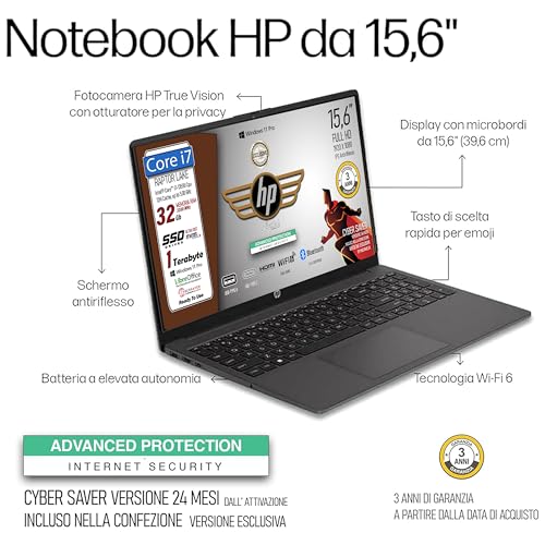 250 G10, PC Portatile CPU Intel Core i7-1355U 13th 10 Core, fino a 5GHz, RAM 32GB, SSD 1Tb, Display 15.6" FHD, Wi-Fi 6, BT, WebCam, HDMI, Win 11Pro, cybersaver, Pronto all'Uso, 3 anni di garanzia - Notebook - Immagine 1