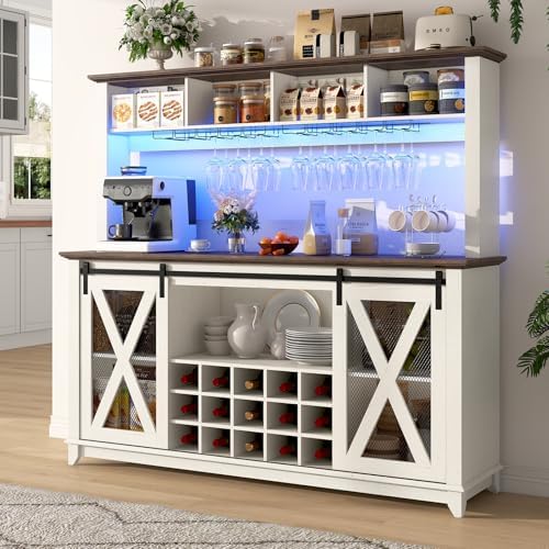 63"Wide 58"H Farmhouse Coffee Bar Cabinet with LED Light,Wine Bar Cabinet w/ 4 Storage Hutch,Kitchen Buffet Cabinet w/Sliding Barn Door & 15 Wine and Glass Racks for Kitchen Dining Room(Antique White)