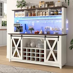63″Wide 58″H Farmhouse Coffee Bar Cabinet with LED Light,Wine Bar Cabinet w/ 4 Storage Hutch,Kitchen Buffet Cabinet w/Sliding Barn Door & 15 Wine and Glass Racks for Kitchen Dining Room(Antique White)