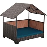 HDPE Wicker Dog House for Medium/Big Dogs 39x30x41in, Outdoor Dog Bed House with Canopy and All-Weather Non-Slip Dog Cot Cushion, Oversize Rattan Dog Bed Shelter and Pet Cabana, Brown