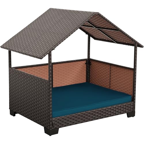 HDPE Wicker Dog House for Medium/Big Dogs 39x30x41in Outdoor Dog Bed House with Canopy and All-Weather Non-Slip Dog Cot Cushion Oversize Rattan Dog Bed Shelter and Pet Cabana Brown