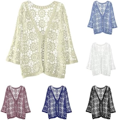Plus Size Floral Lace Open Front Cardigan - 3/4 Sleeve With Button & Gem Detail