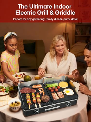 FOHERE Griglia Elettrica, 2400W, due piastre in alluminio fuso (superfici liscia e scanalata), controllo indipendente della temperatura, 5 livelli, rivestimento antiaderente, nero. - immagine 4