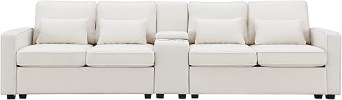 Miniatura 3 de Sofá tapizado con mesa de centro almacenable y 2 portavasos, 2 puertos USB con cable o carga inalámbrica, sofás modernos de tela de lino de 4