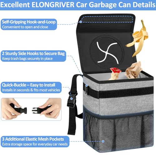 Image of ELONGRIVER Car Trash Can Bin for Back Seat Leak Proof, Cute Car Trash Bag Hanging, Vehicle Trash Can for SUV Truck Van, Automotive Garbage Cans Front Seat Grey