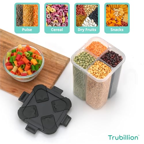 Image of SplitBox 4-Section Kitchen Food Storage Container,2000ml BPA-Free Transparent,Black Lid,Removable Divider,Freezer Safe,Stackable Space,Saving Design,For Pulses,Snacks,Dry Fruits (Black)