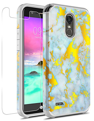 for Hasting LG Stylo 3 Case, LG Stylo 3 Plus Case with Tempered Glass Screen Protector, Hybrid Shockproof Hard Hybird Slim Armor Protector Cover for LG Stylo3 / LG Stylo3 Plus (Gold White Marble)
