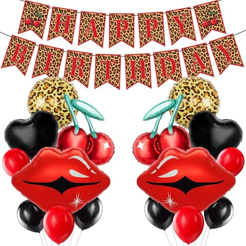 Image of Red Cheetah Birthday Decorations, Banner with Foil Balloons | Quick and Easy Setup, Can Float, for Bachelorette Party Decor, Kiss the Miss Goodbye, Women's Birthday