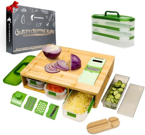 Large Bamboo Cutting Board and 4 Containers with Mobile Holder gift included for Home Kitchen