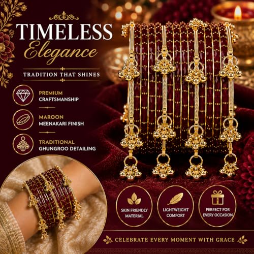 Image of JPS 16 Pcs Trendy Stylish Glass & Kashmiri Ghungroo Bangles Set for Women & Girls | Gold-Plated Traditional Festive Wedding Party Jewellery Chudi Set (12 Glass + 4 Metal)