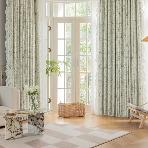 Wycian Cortina de tela opaca verde claro 2 unidades chenilla estampado floral con volantes H138 x B96 cm para dormitorio