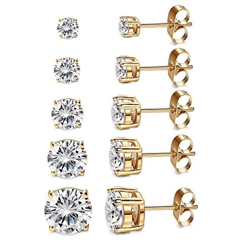 Kainier Women's 5 Pairs 14K Gold Plated CZ Stud Earrings Simulated Diamond Round Cubic Zirconia Hypoallergenic Ear Stud Set（5 Pairs) Cover