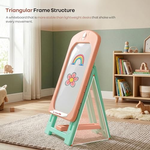 Image of R for Rabbit Little Genius Doodle Whiteboard for Kids Drawing Activity Board Rounded Corner Design Foldable 7-Level Adjustable Height & Handy Storage Tray for 3-7 Years Kids (Peach Green)