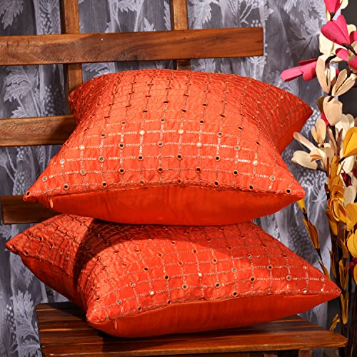 Image of Orange Embroidered 20x20 Cushion Cover Set of 2, Couch Pillow Cover with Mirror Embroidery