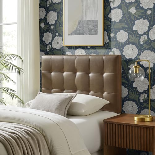 Image of Modway Lily Faux Leather Twin Size Headboard with Biscuit Tufting in Mushroom - Vegan Leather Upholstery with Padded Design and 5 Height-Adjustable Mounts