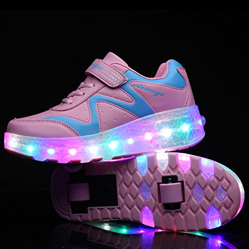 Ehauuo Unisex Roller Shoes Kids Sparkling Wheels Shoes Girls Light up Roller Skates Sneakers Boys Rechargeable Flashing Sneakers for Gift A-Pink4
