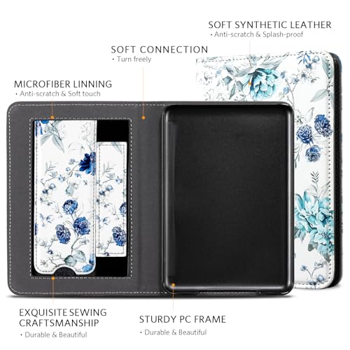 Image of CoBak Case for 6 inch E-Reader - PU Leather Smart Cover with Auto Sleep /Wake & Hand Strap, not Compatible with Kobo Clara,Blue Blossom