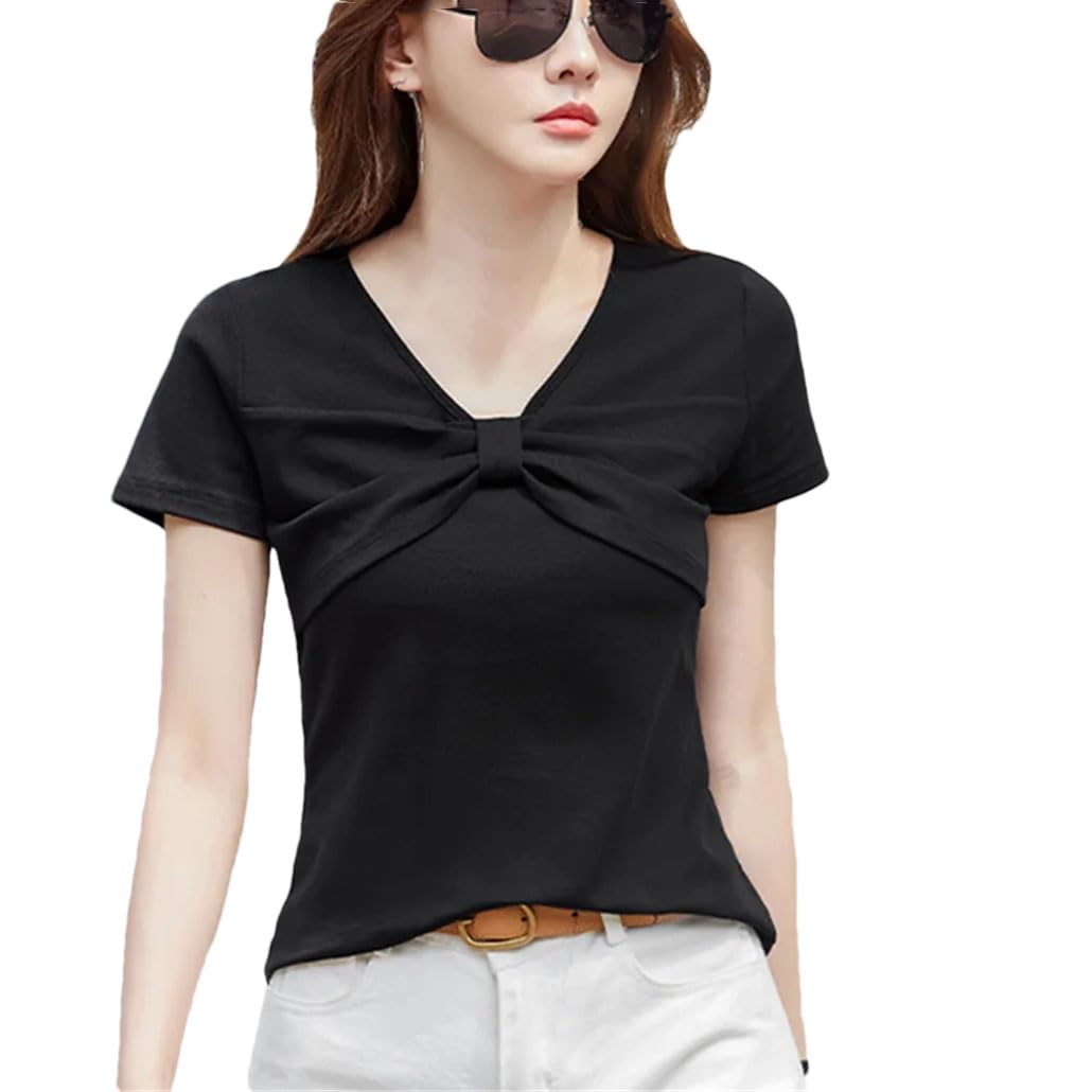 T-shirt da donna in cotone con fiocco e scollo a V a maniche corte slim
