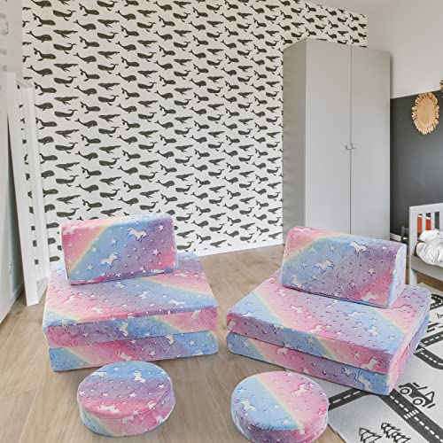 Memorecool Kids Couch Sofa Modular Toddler Couch For Bedroom Playroom, 8-Piece Fold Out Couch Play Set, Creative Baby Couch Children Convertible Sofa Kids Foam Couch, Glow In The Dark Unicorn #TOP5