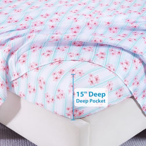 Image of Softan Pink Striped Floral Full Sheet Set, Cozy Printed Microfiber Bed Fitted Sheets with 15 inch Deep Pocket & Non-Slip Corner Straps, Cherry Blossom & Mint Stripe Patterned Sheets & Pillowcase Set