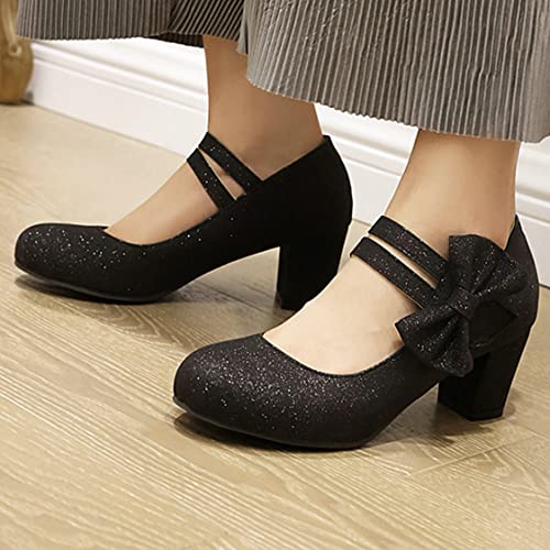 UniqueStride Womens Sequins Chunky Heel Mary Janes Ankle Strap Round Toe Bow Glitter Wedding Bridal Pumps3