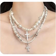 Pearl Cross Choker Necklace for Women,Goth Rhinestone Crucifix Pendant Necklace Chunky Pearl Layering Necklaces,Vintage Religious Jewelry Accessories