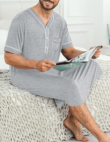 Image of SWOMOG Mens Nightgown Short Sleeve Lounge, Sleep Henley Shirt Pajama Big & Tall Nightshirt Comfy Nightwear M-3XL