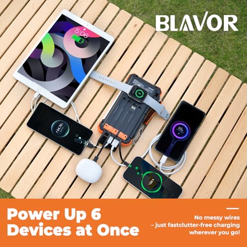 BLAVOR Solar Power Bank with Built in Cable 20000mAh Fast Charging Portable Charger, 20W USB C Battery Pack for Mobile Phones with Camping Light, Flashlight, Wireless Charging for Apple Watch