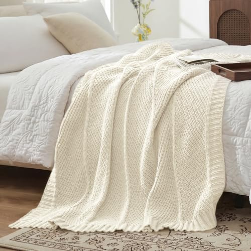 Amélie Home Knit Throw Blanket, Soft Chenille Cozy Breathable Chevron Chunky Decorative Blanket for Couch, Bed & Sofa, French-Inspired Lightweight Warm Gift for Women, Ivory, 50"x60" by Amélie Home - Image 5