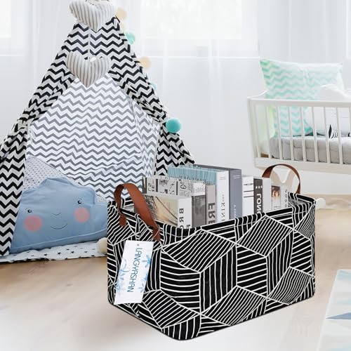 Image of Rectangular Storage Bin Collapse Canvas Fabric Cartoon Storage Basket with Handles for Organizing Home Kitchen Boys and Girls Toys Office Closet Shelf Baskets (Black Diamond)