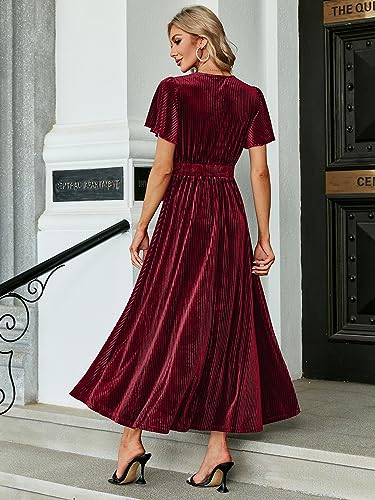 Image of Simplee Women's V Neck Velvet Maxi Dress Short Sleeve Empire Waist Long Formal Dress for Wedding Guest
