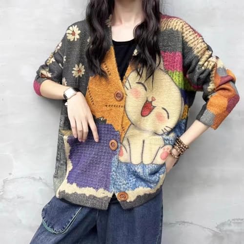 Women’s V Neck Oversized Cat Print Cardigan, Boho Patchwork Knit Sweater Long Sleeve Button Front with Pockets2