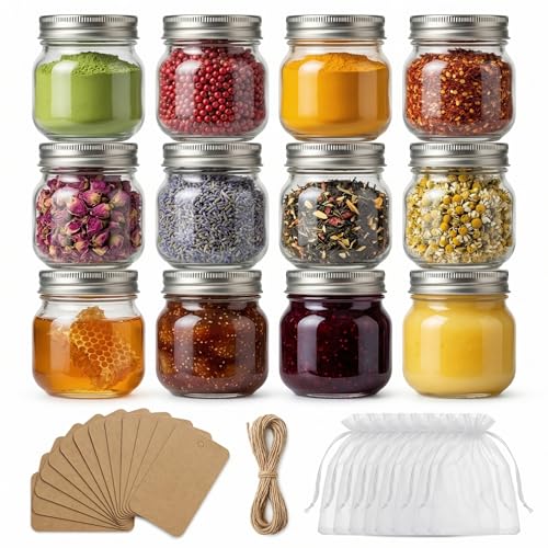 8 oz Mason Jars with Airtight Silver Lids - 12 Pack Small Glass Jars Set with Labels & Twine - Wide Mouth Canning Jars for Yogurt Pantry Spice Organization Homemade Jam & Honey