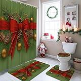 Tannenzapfen Duschvorhang-Sets, weihnachtliches Band, Weihnachtsschmuck, wasserdicht, Stoff, Badezimmer-Set mit bedruckten Stoffvorhängen und Teppichen, dekorativ für Toilette, Badewanne, Schlafsaal