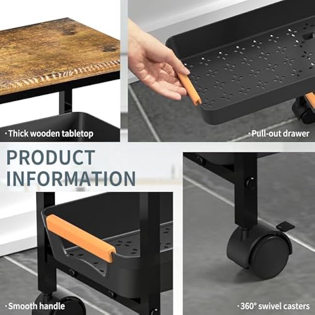 5 Tier Slim Rolling Utility Cart with Drawers Pull-Out Design Slim Storage Cart with Metal Frame and Wooden Top for Narrow Space in Home Kitchen Bathroom Black (Width 8.1 Inches)-spGWbjHj