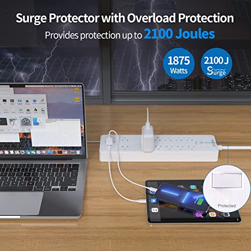 Extension Cord 25 Ft Power Strip, Ntonpower 2100 Joules Surge Protector With 12 Outlet 3 Usb Port, 1875W/15A, Overload Protection, Flat Plug, Long Cord For Workbench, Home Office Accessories, White #TOP2