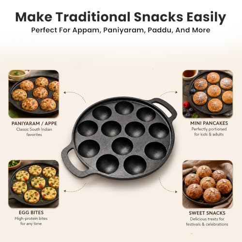 Image of HomeEssentials Cast Iron Appam Pan, Appe, Paniyaram Maker (12 Pits Appam Pan)