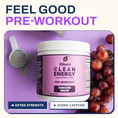 Image of Ethan's Feel Good Pre-Workout & Hydration Drink Mix, 200mg Plant-Based Caffeine, Electrolytes & Adaptogens, Vegan Organic - Concord Grape, 30 Servings