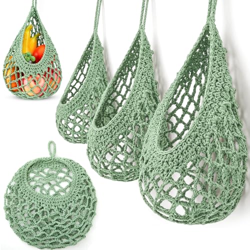 Image of Honeydak 3 Hanging Baskets, Sage Green, Crochet, Cotton Rope