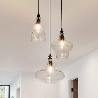 3 Lights Glass Pendant Light for Dining Room Modern Glass Globe Cluster Chandelier Light Fixtures Multi Lights Black Adjustable Hanging Pendant Lighting for Kitchen Island, Hallway, Entryway