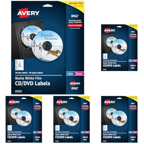 Image of Avery Printable DVD Labels, Matte White Film, Permanent Adhesive, Laser & Inkjet Printer Compatible, 20 Blank DVD & 40 Spine, Ideal for CDs, DVDs, PC Discs, Media Projects & More (8962)(Pack of 5)