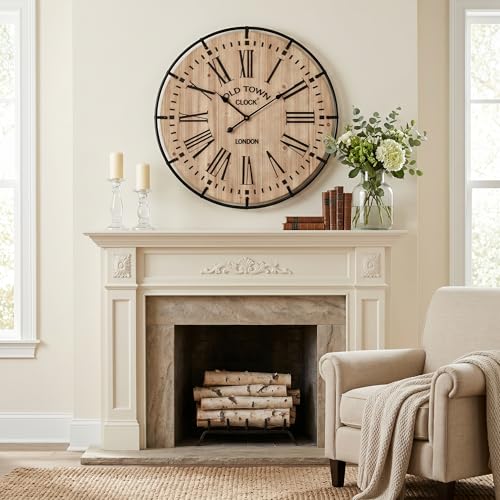 Image of EMAX HOME 30 Inch Rustic Wall Clock, Warm Light Oak Wood Look with Black Iron Frame, Silent Sweep Movement, Clear Roman Numerals and Tick Marks, for Fireplace Mantel, Hallway, or Dining Room.