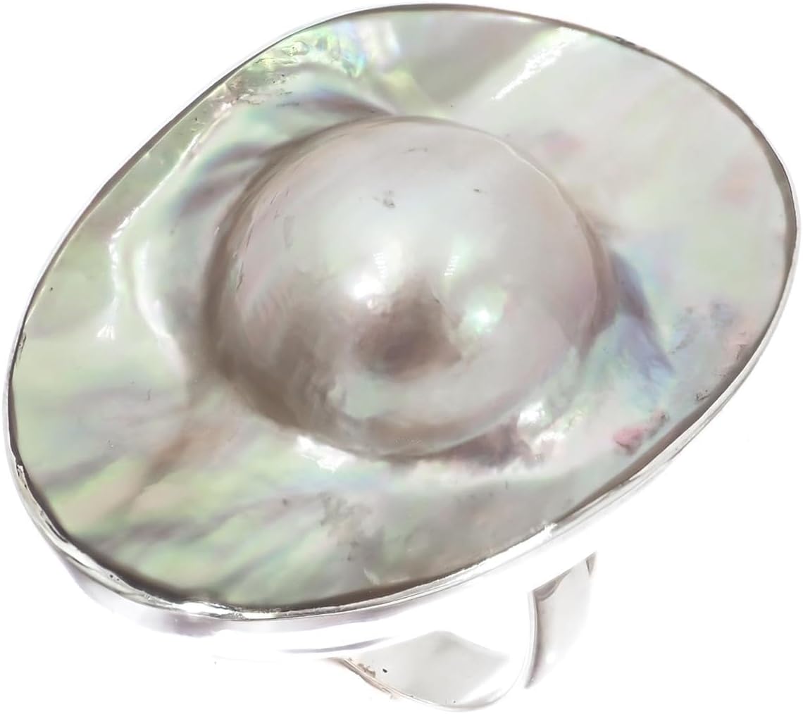 FifiRose Size 8 Large Handmade Adjustable Blister Mabe Cultured Pearl 925 Sterling Silver Ring p85969
